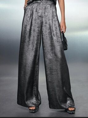 Style USA Metallic Wide-Leg High Rise Women's Pants - Silver Gray Sz M